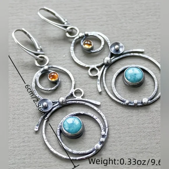 Silver Faux Turquoise & Citrine Circle Drop Earrings #412 - Picture 3 of 4